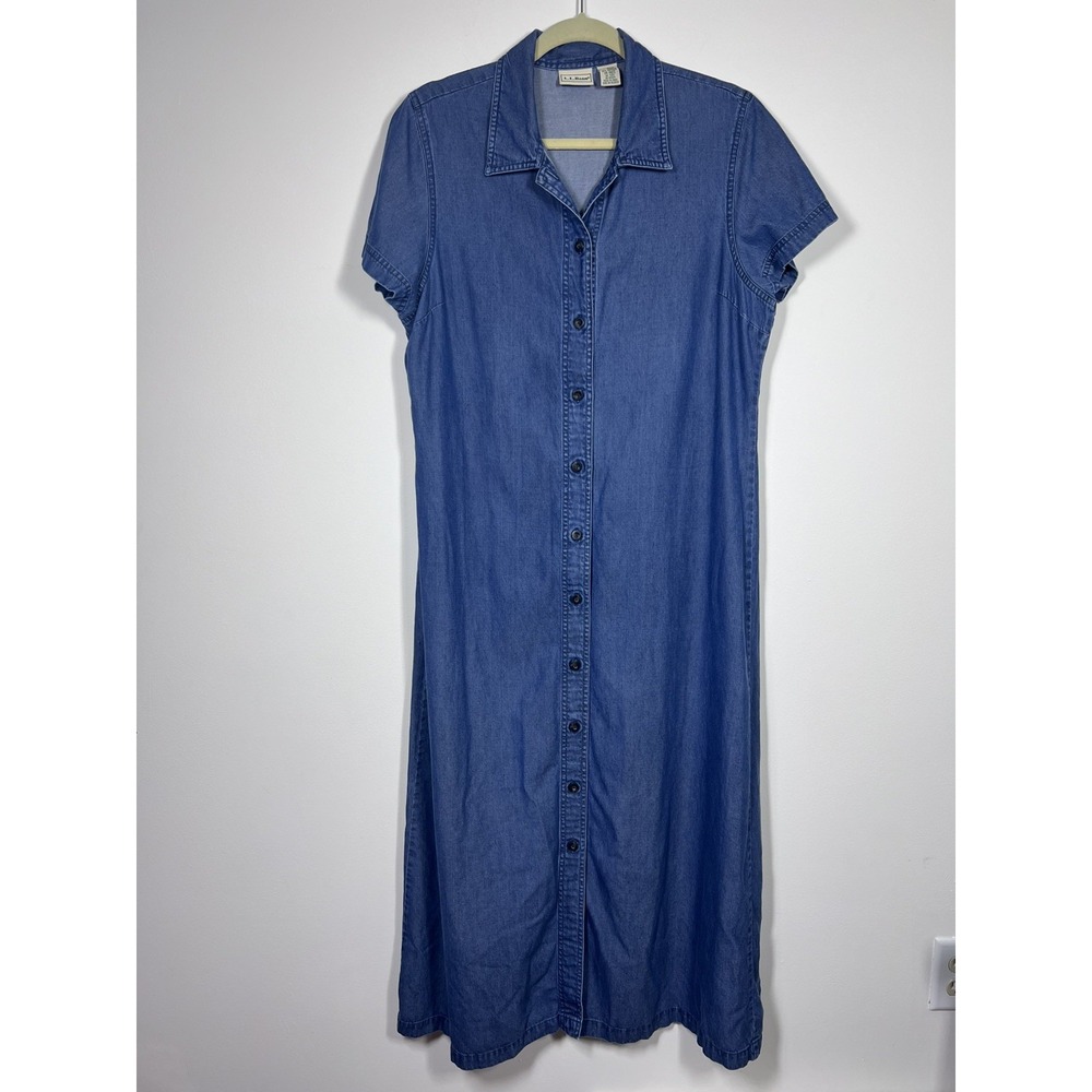 Vintage L.L.Bean Denim Maxi Shirt Dress Women 14 Tencel Cotton Blue Button Front